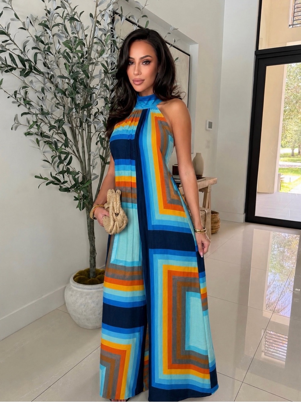 NWT Wide Leg Halter Jumpsuit in Multi-Color Stripe with Pockets | Vacation Look